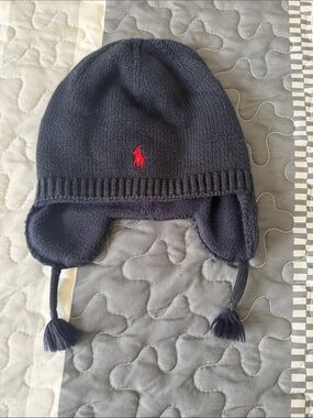 Ralph Lauren Navy Knit Earflap Hat with Red Pony
